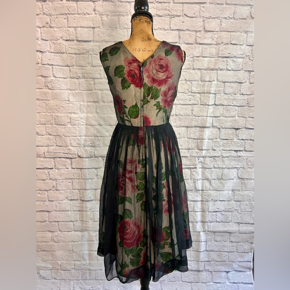 Vintage 50s Dress WOUNDED BIRD Black Pink Floral Midi Evening Formal Party Prom - Picture 11 of 17